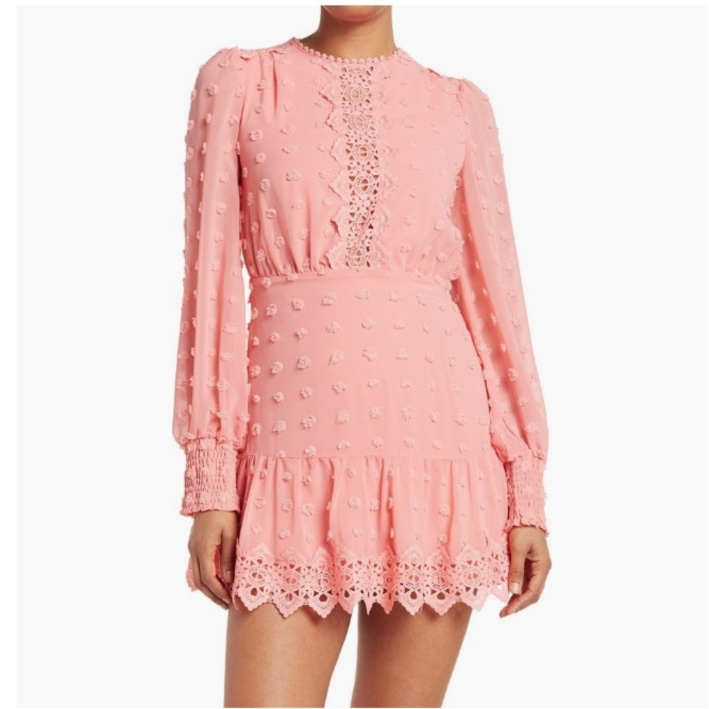 Love By Design Rina Long Sleeve Swiss Dot Chiffon Lace Trim Pink Dress Sz Large